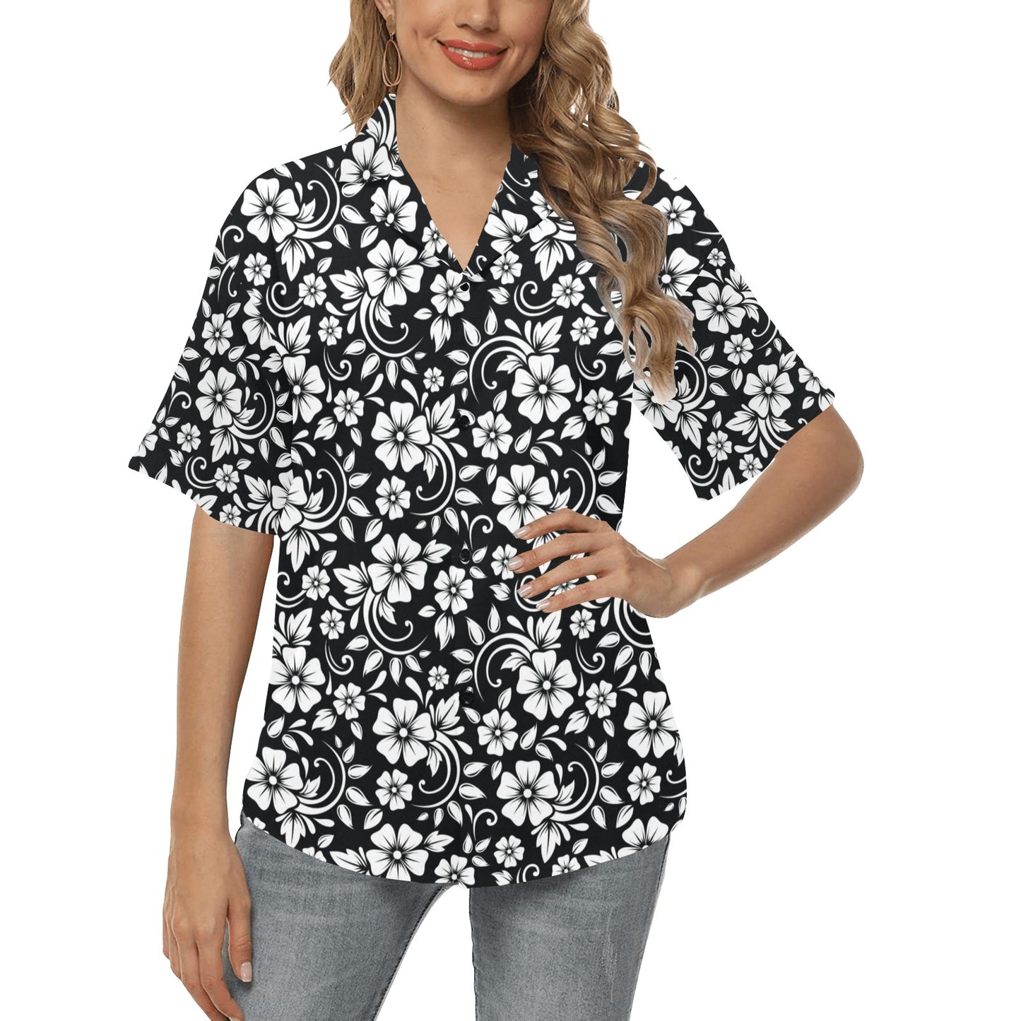 Floral Black White Themed Print Women's Hawaiian Shirt