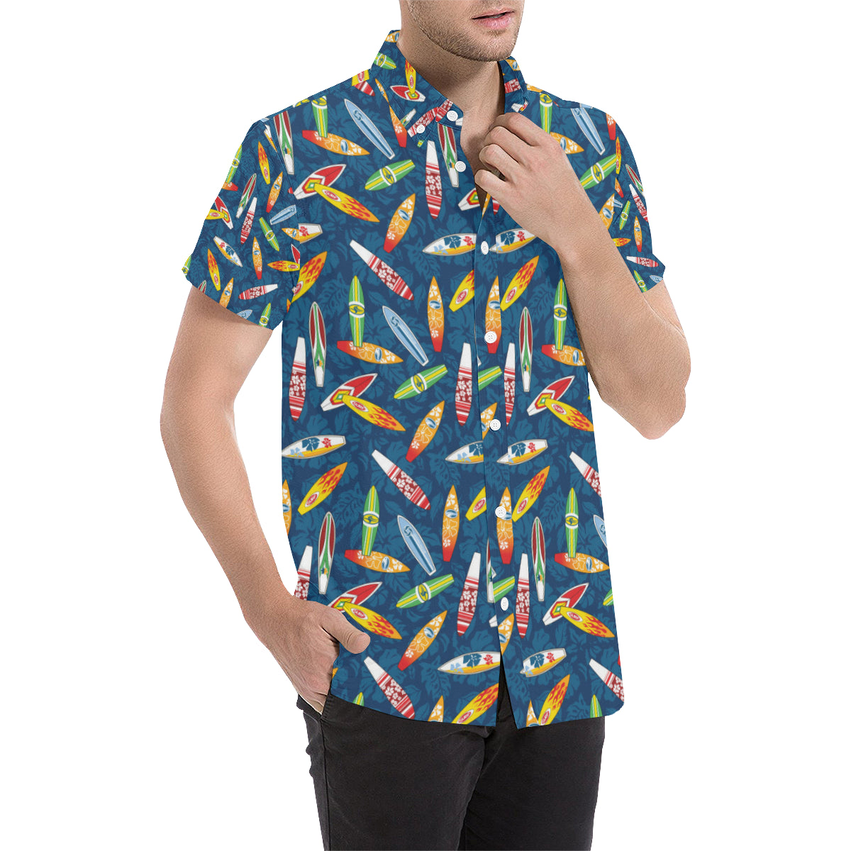 Surfboard Pattern Print Men's Short Sleeve Button Up Shirt