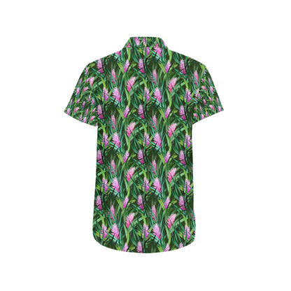 Tropical Folower Pink Heliconia Print Men's Short Sleeve Button Up Shirt