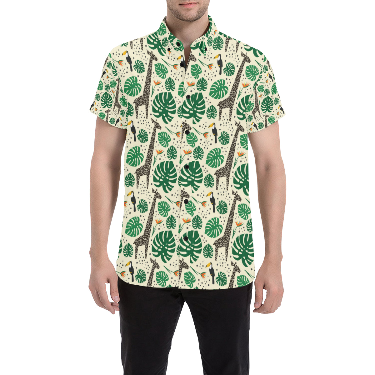 Rainforest Giraffe Pattern Print Design A02 Men's Short Sleeve Button Up Shirt