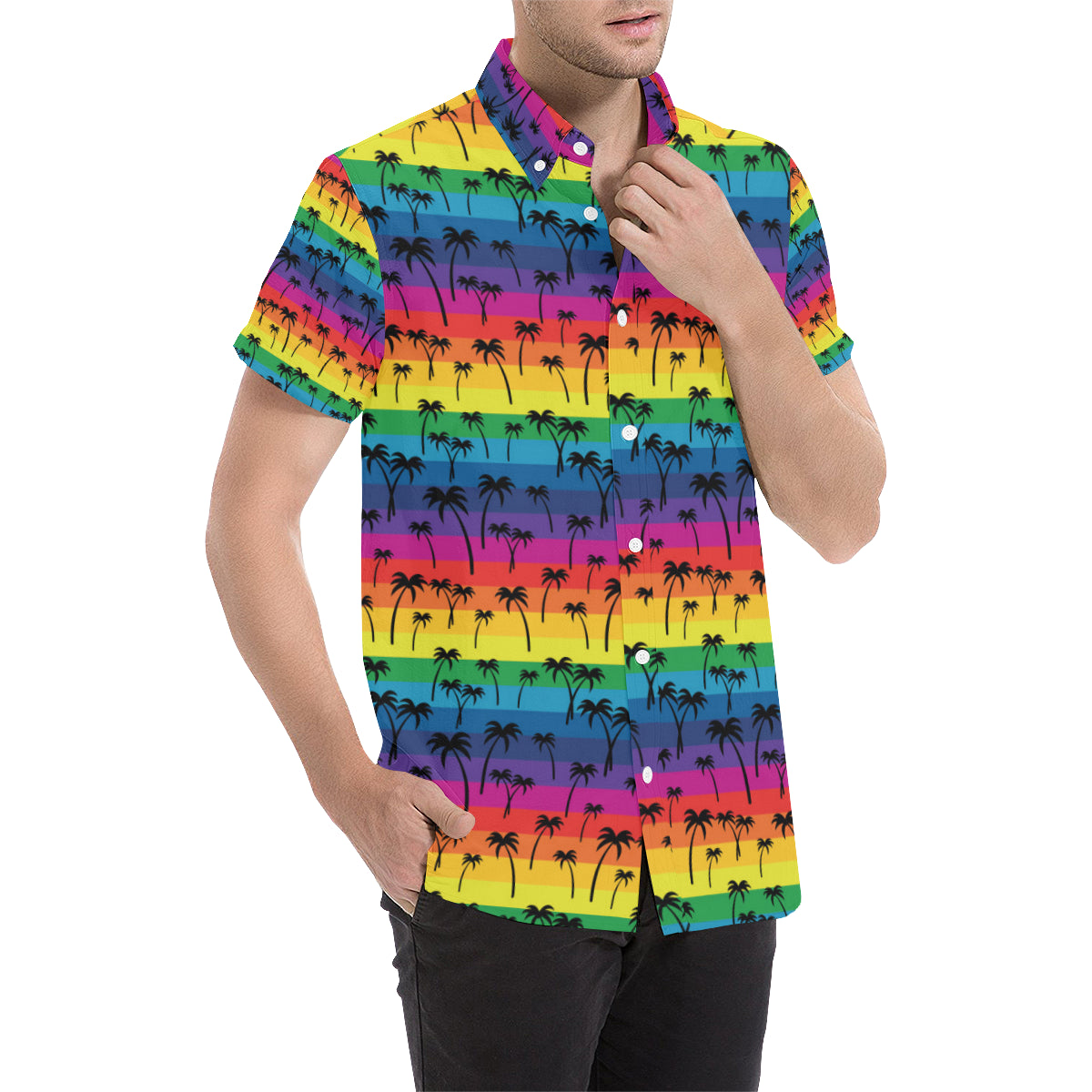 Palm Tree Rainbow Themed Print Men's Short Sleeve Button Up Shirt