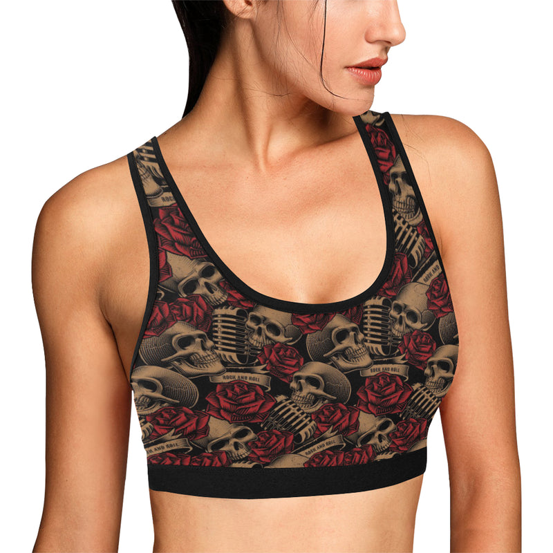 Microphone Skull Rose Pattern Print Design 02 Sports Bra