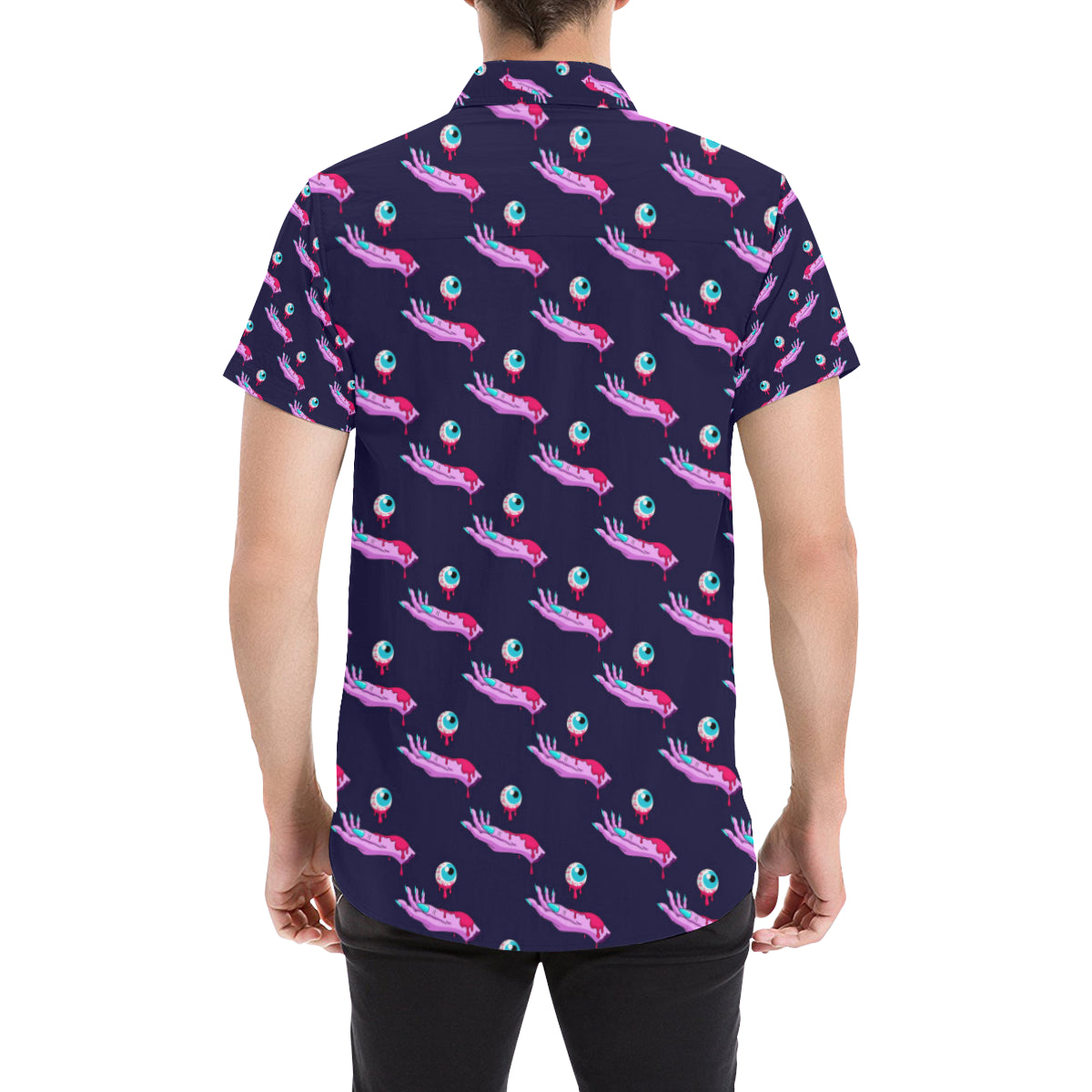 Zombie Pink Hand Design Pattern Print Men's Short Sleeve Button Up Shirt