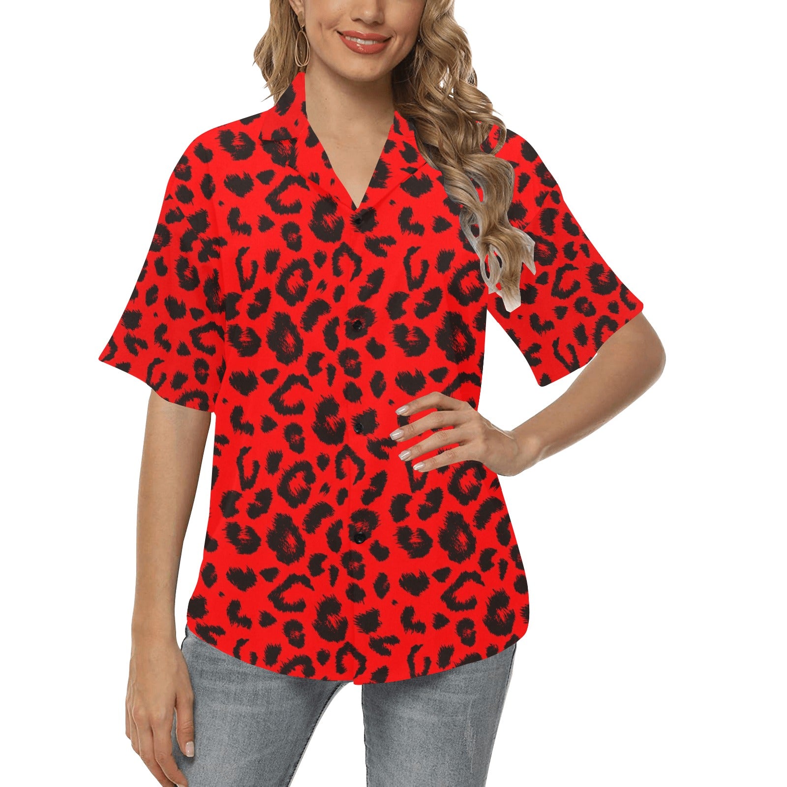 Leopard Red Skin Print Women's Hawaiian Shirt