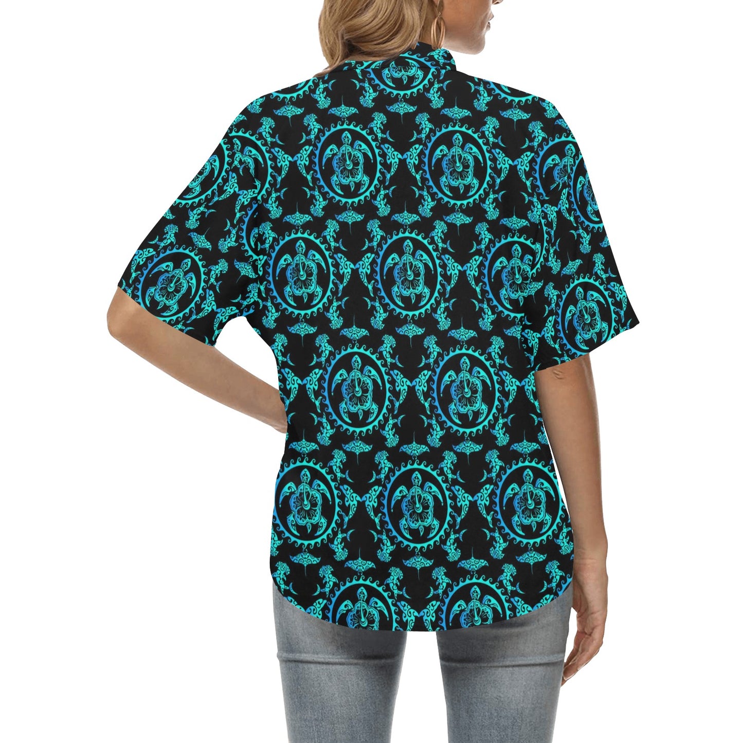 turquoise Tribal Sea Turtle Hawaiian Women's Hawaiian Shirt