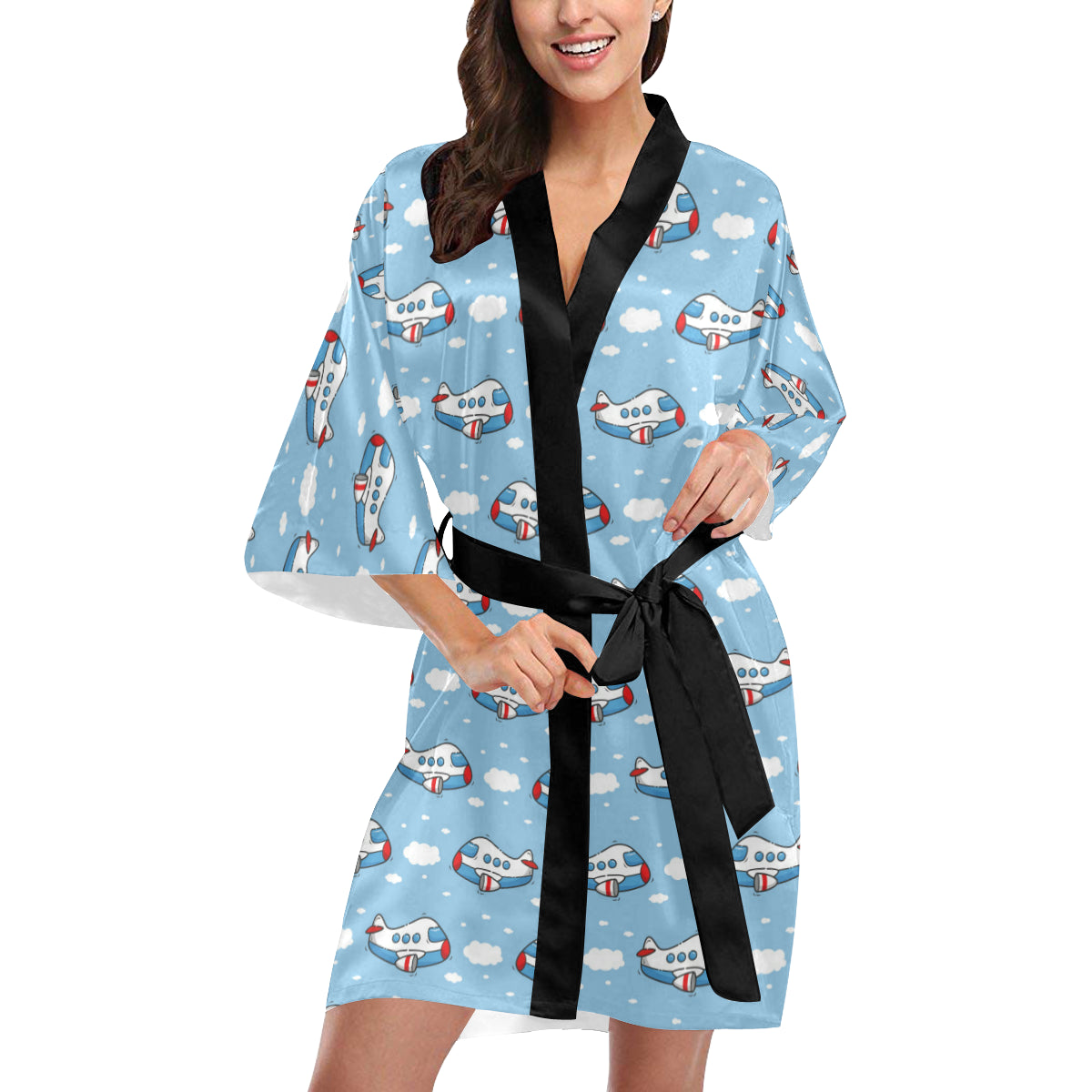 Airplane Cartoon Pattern Print Design 07 Women's Short Kimono