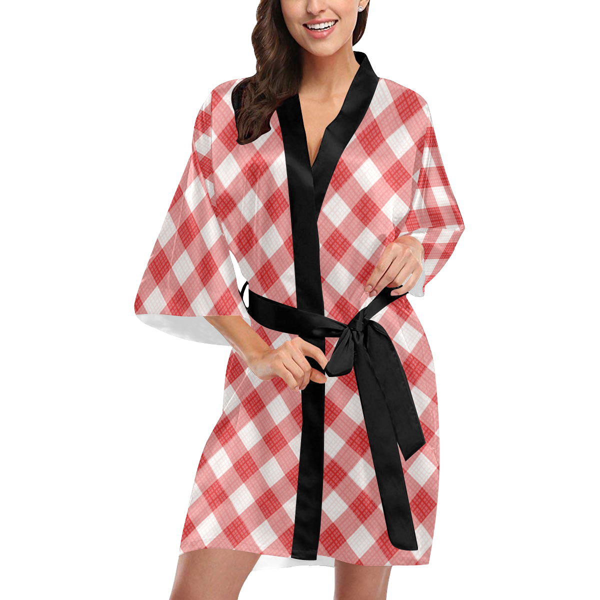 Gingham Red Pattern Print Design 01 Women's Short Kimono