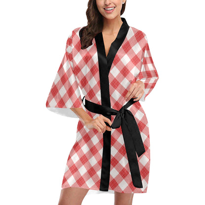 Gingham Red Pattern Print Design 01 Women's Short Kimono