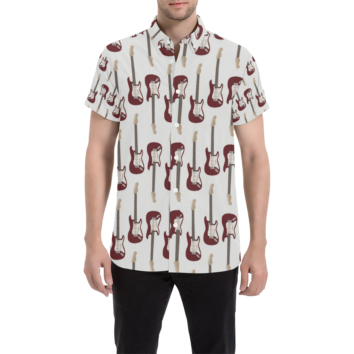 Bass Guitar Pattern Print Design 03 Men's Short Sleeve Button Up Shirt