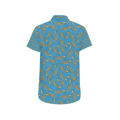 Trumpet Golden Pattern Themed Print Men's Short Sleeve Button Up Shirt