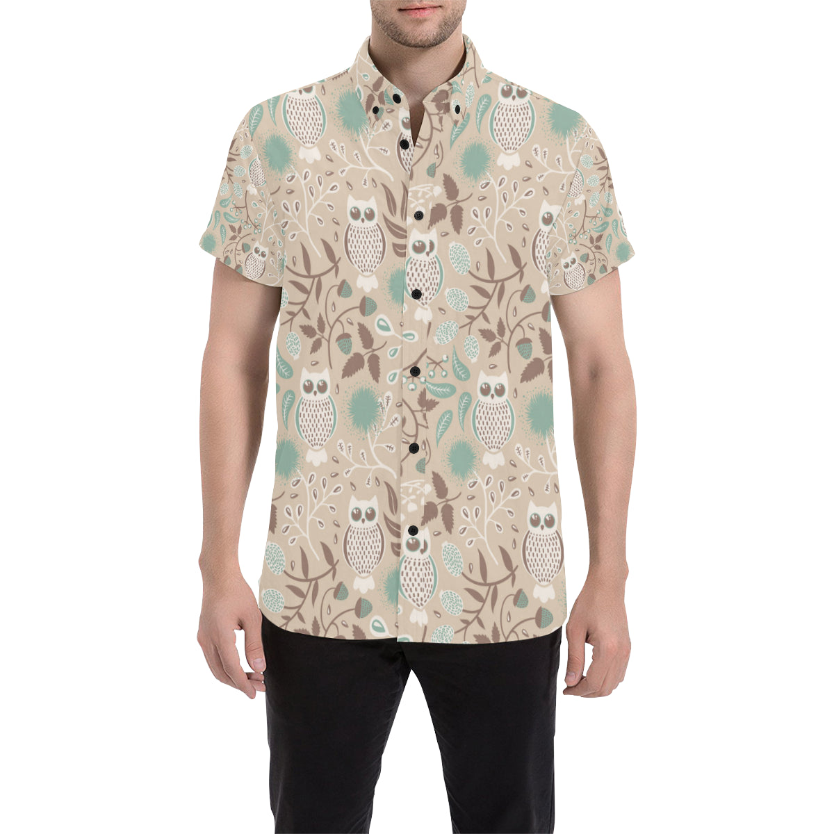 Owl Pattern Print Design A02 Men's Short Sleeve Button Up Shirt