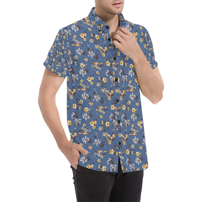 Hawaiian Flower Blue Print Men's Short Sleeve Button Up Shirt