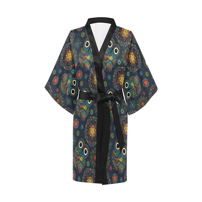 Owl Boho Style Pattern Print Design A04 Women's Short Kimono