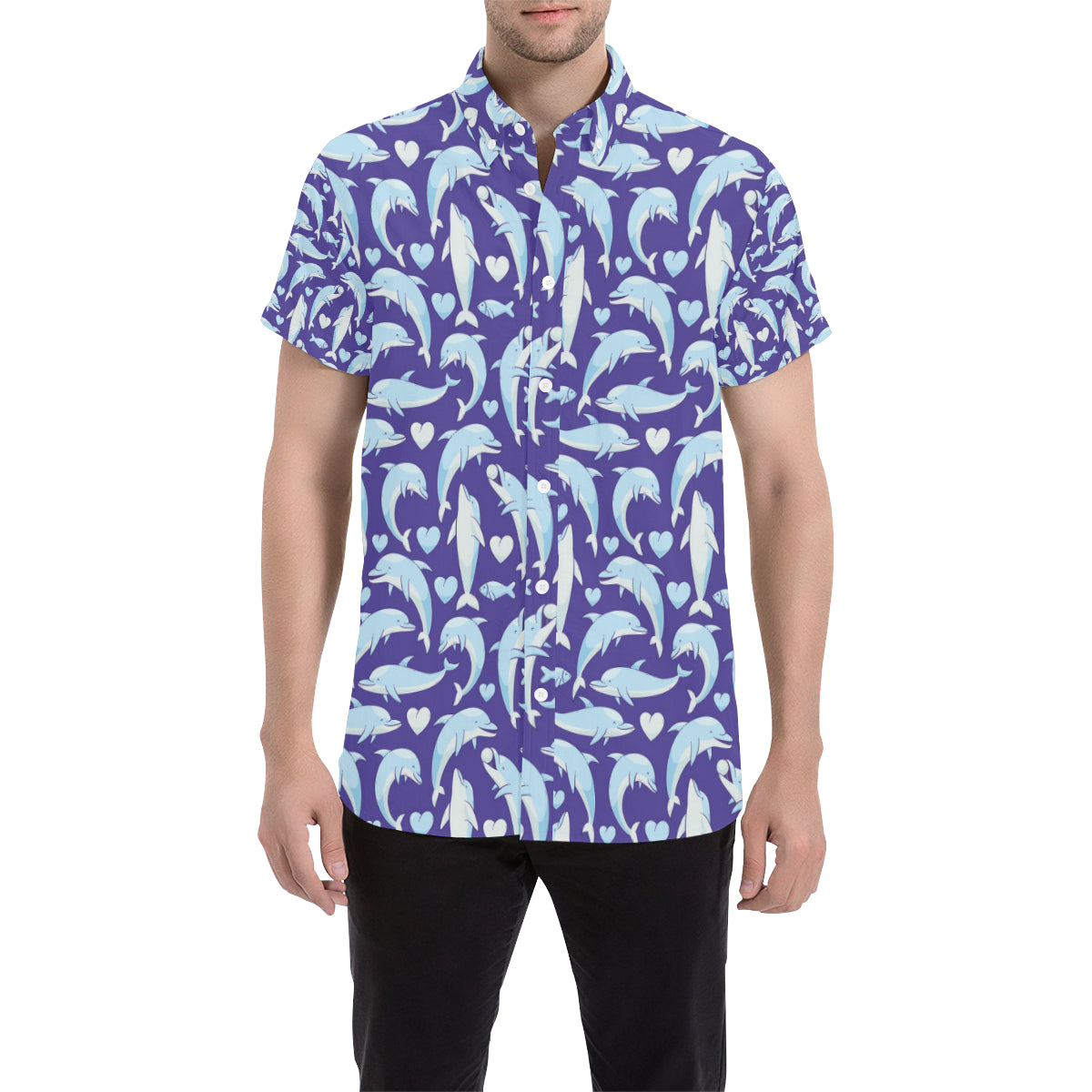 Dolphin Smile Print Pattern Men's Short Sleeve Button Up Shirt