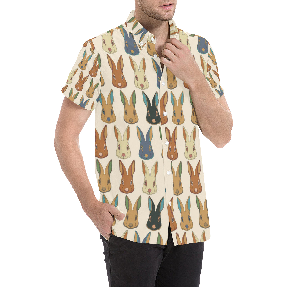 Rabbit Pattern Print Design RB04 Men's Short Sleeve Button Up Shirt