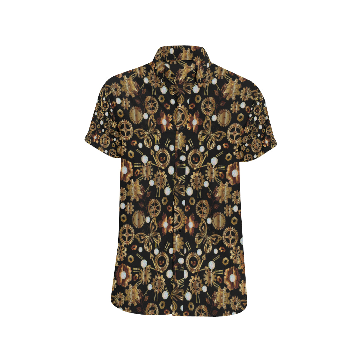 Steampunk Butterfly Design Themed Print Men's Short Sleeve Button Up Shirt