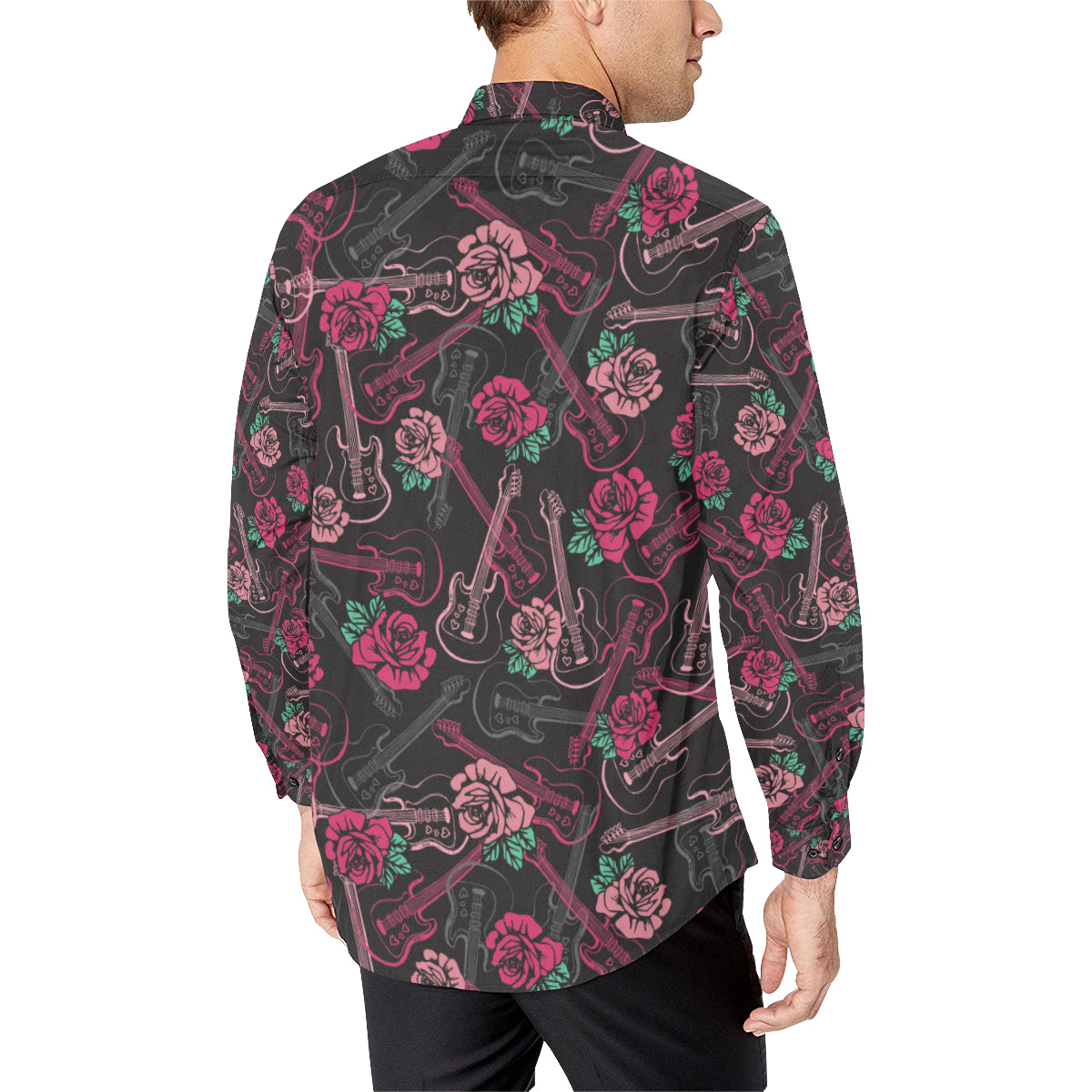 Bass Guitar Pink Rose Pattern Print Design 01 Men's Long Sleeve Shirt