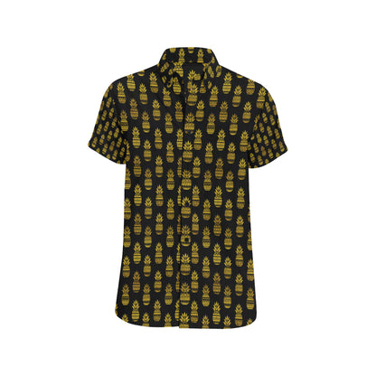 Pineapple Gold Tribal Style Print Men's Short Sleeve Button Up Shirt