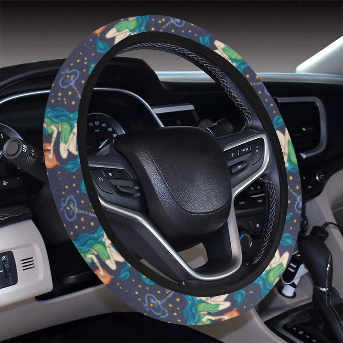 Aquarius Zodiac Pattern Print Design 03 Steering Wheel Cover with Elastic Edge