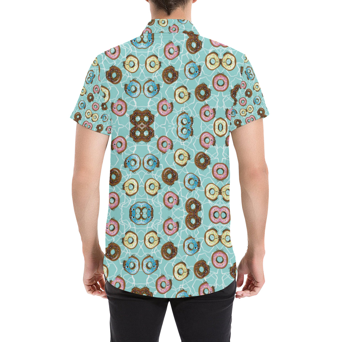 Emoji Donut Print Pattern Men's Short Sleeve Button Up Shirt