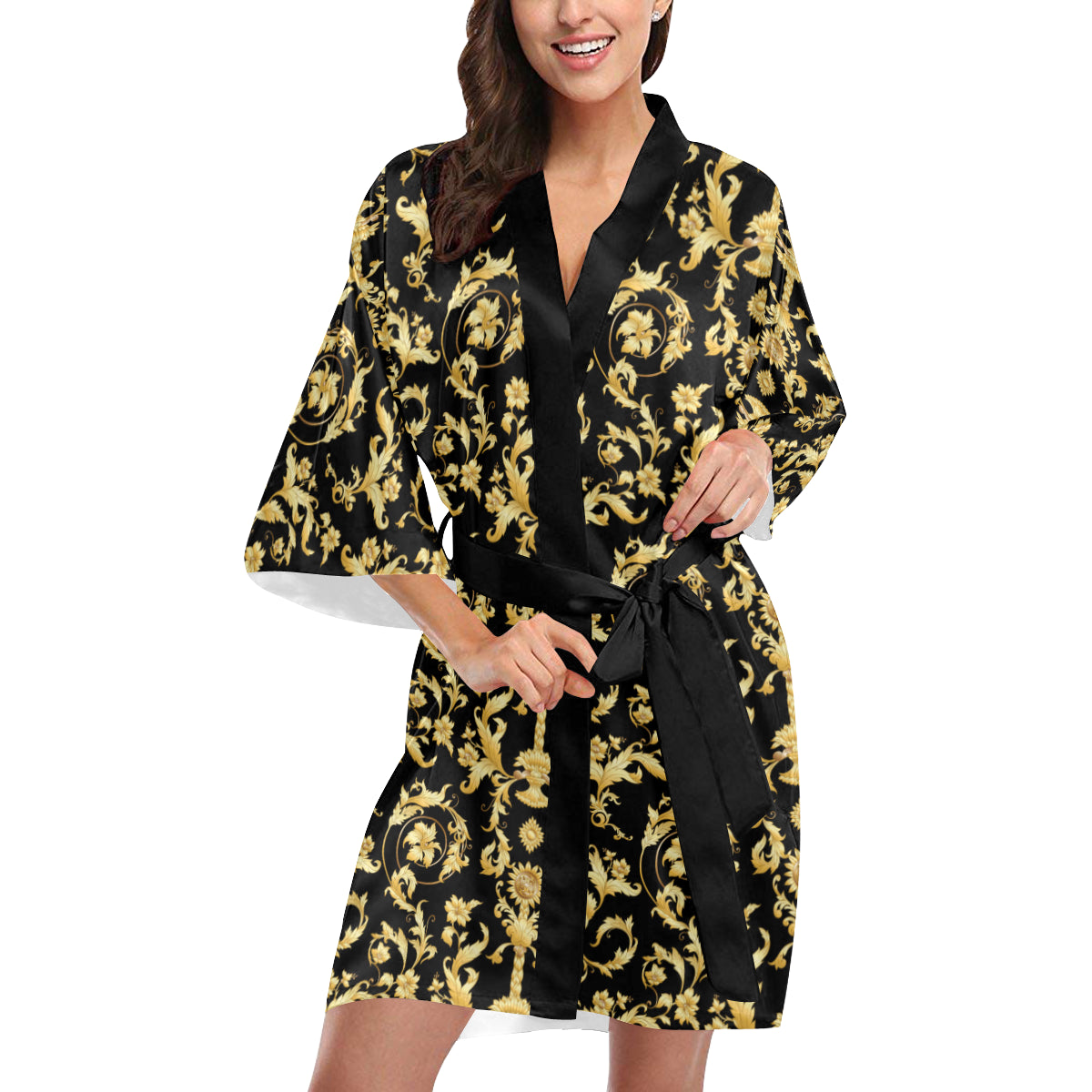 Baroque Golden Pattern Print Design 04 Women's Short Kimono