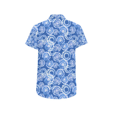 Tie Dye Blue Design Print Men's Short Sleeve Button Up Shirt