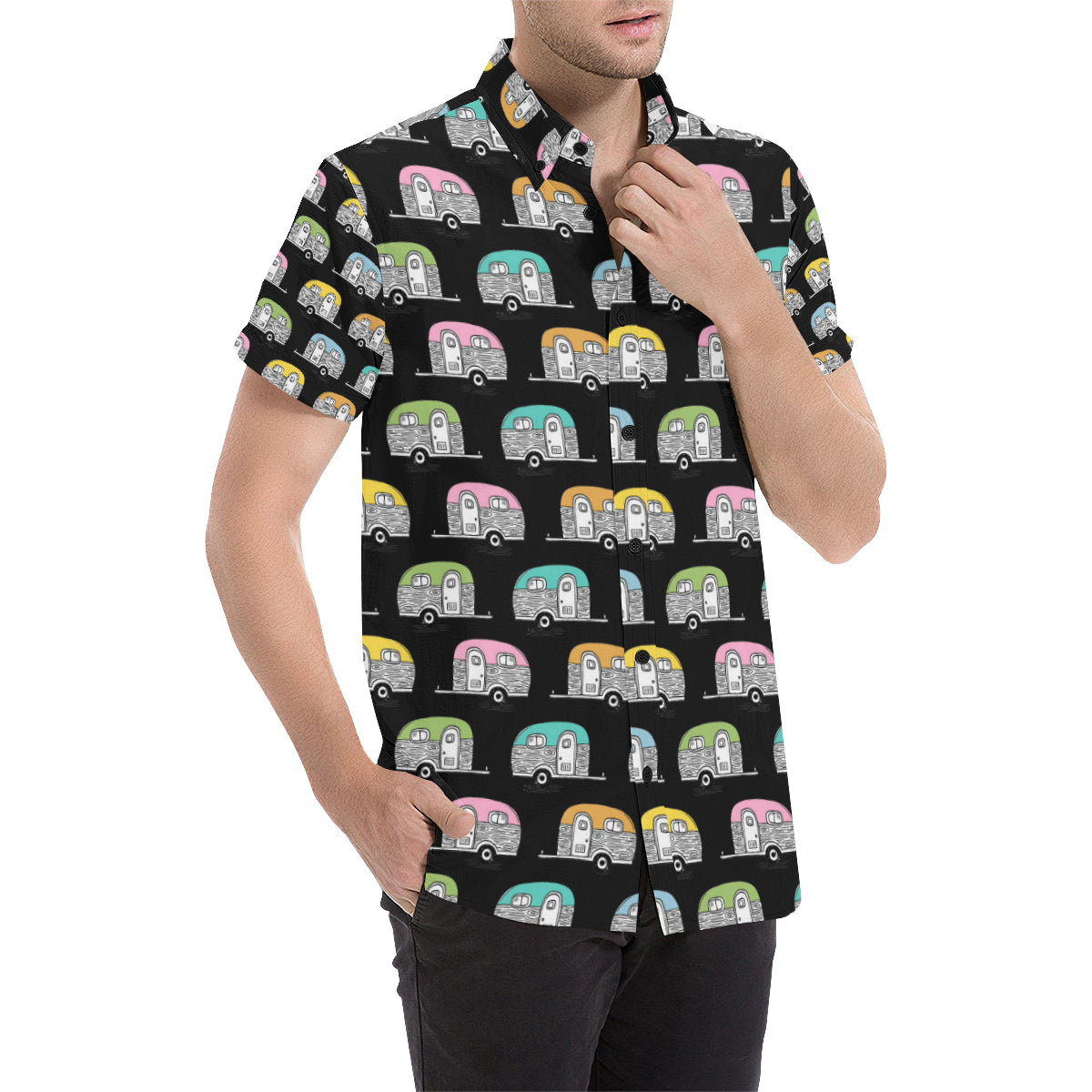 Camper Pattern Camping Themed No 2 Print Men's Short Sleeve Button Up Shirt