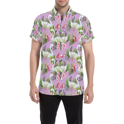 Swan with Flower Pattern Print Design 01 Men's Short Sleeve Button Up Shirt