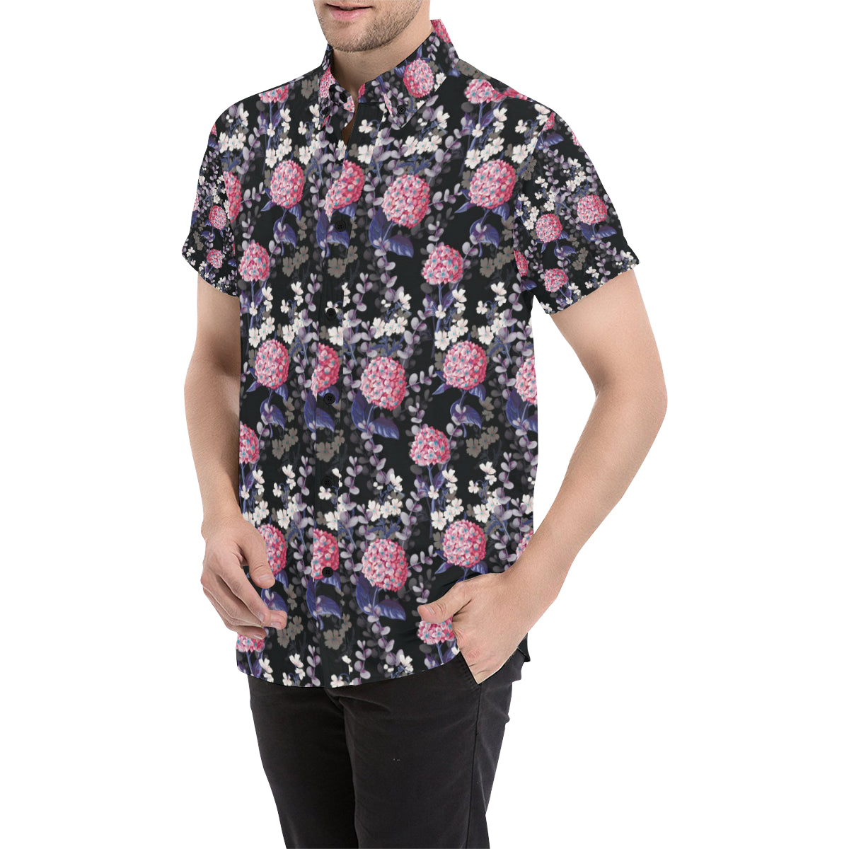 Hydrangea Pattern Print Design HD04 Men's Short Sleeve Button Up Shirt