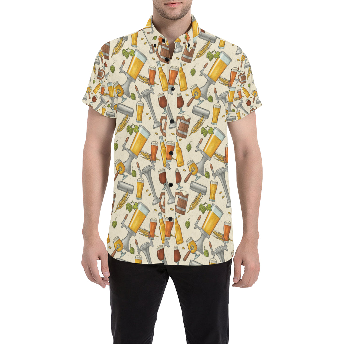 Beer Pattern Print Design 05 Men's Short Sleeve Button Up Shirt