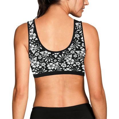 Floral Black White Themed Print Sports Bra