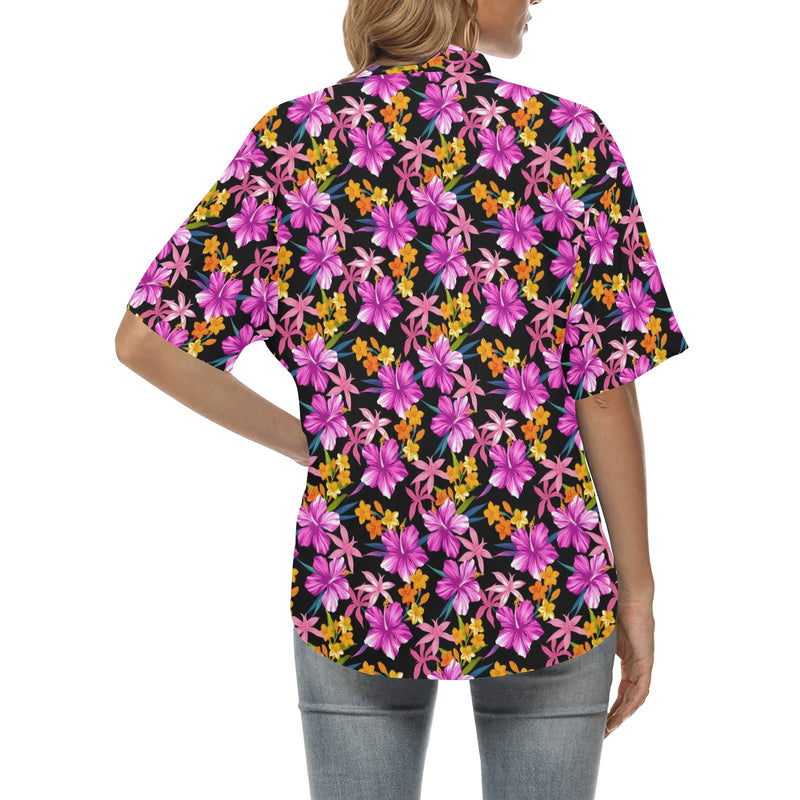 Tropical Folower Pink Hibiscus Print Women's Hawaiian Shirt