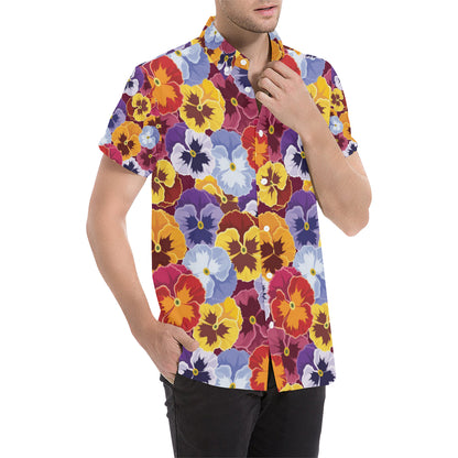 Pansy Pattern Print Design PS01 Men's Short Sleeve Button Up Shirt