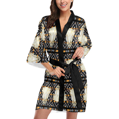 Buffalo Head Pattern Print Design 03 Women's Short Kimono