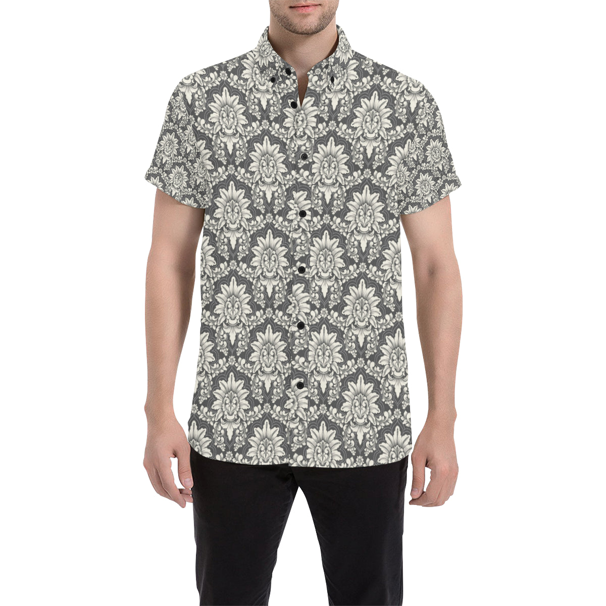 Damask Elegant Print Pattern Men's Short Sleeve Button Up Shirt