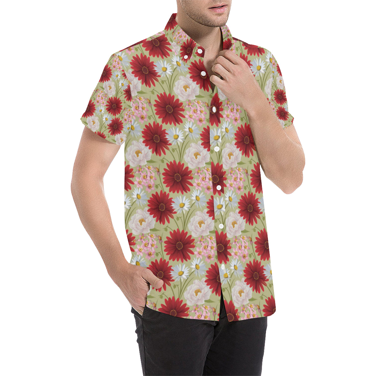 Gerberas Pattern Print Design GB07 Men's Short Sleeve Button Up Shirt