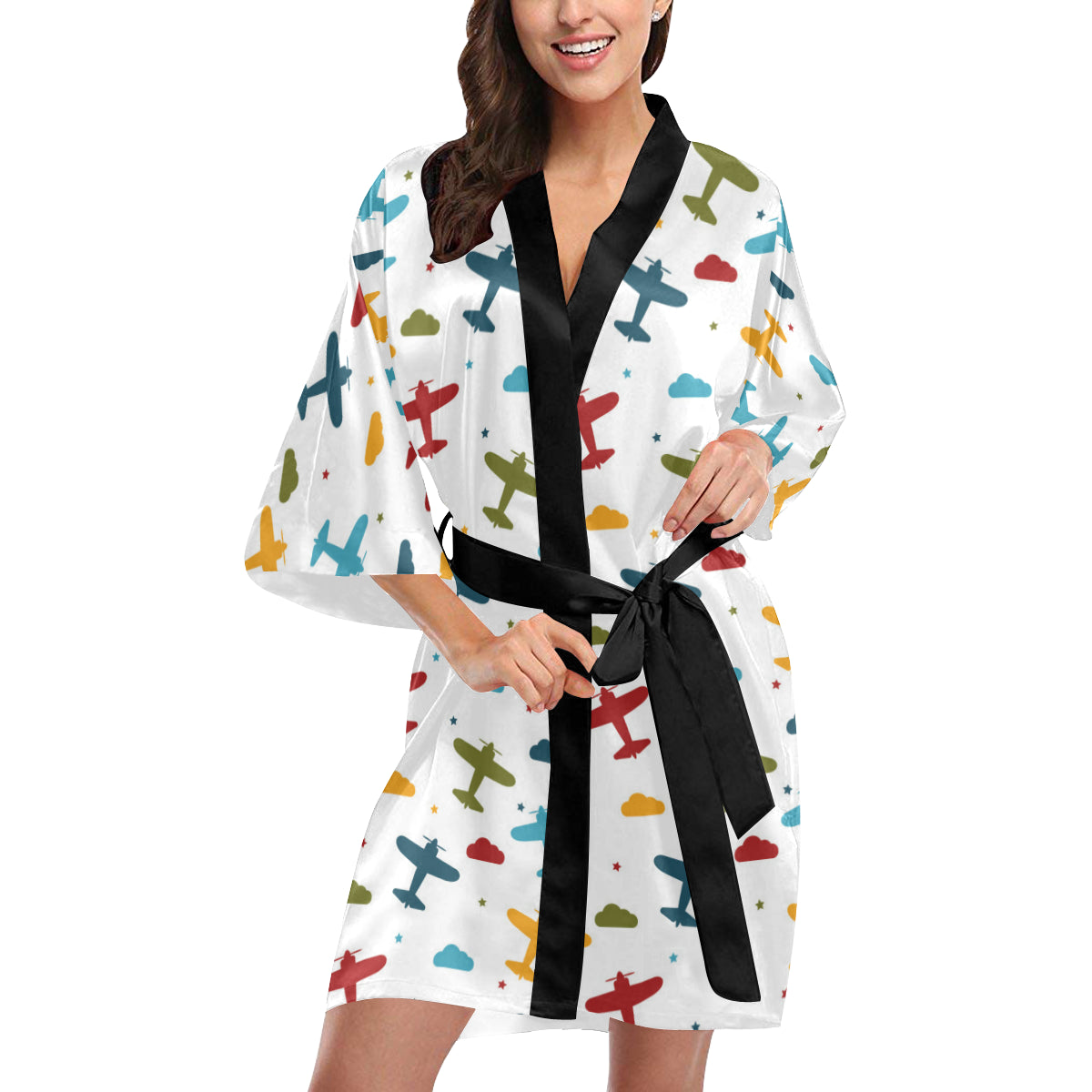 Airplane Pattern Print Design 06 Women's Short Kimono