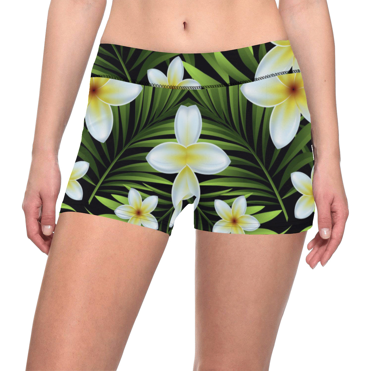 White Plumeria Pattern Print Design PM06 Yoga Shorts