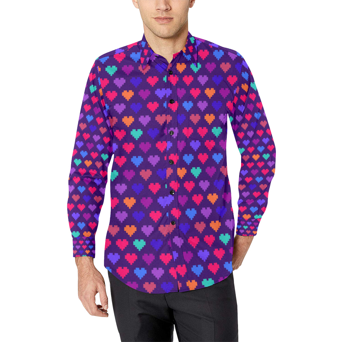 Heart Pixel Pattern Print Design HE03 Men's Long Sleeve Shirt