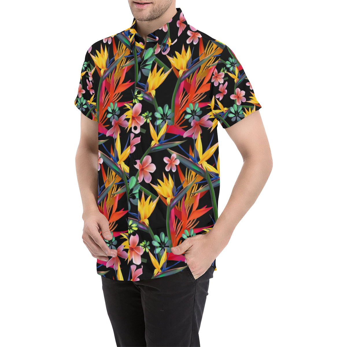 Tropical Flower Pattern Print Design TF015 Men's Short Sleeve Button Up Shirt