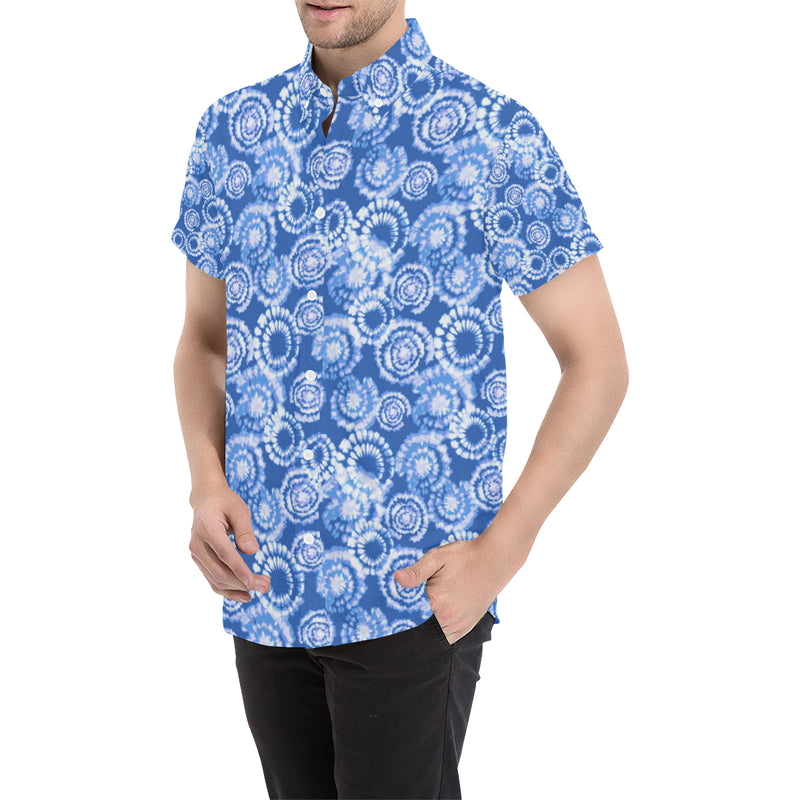 Tie Dye Blue Design Print Men's Short Sleeve Button Up Shirt