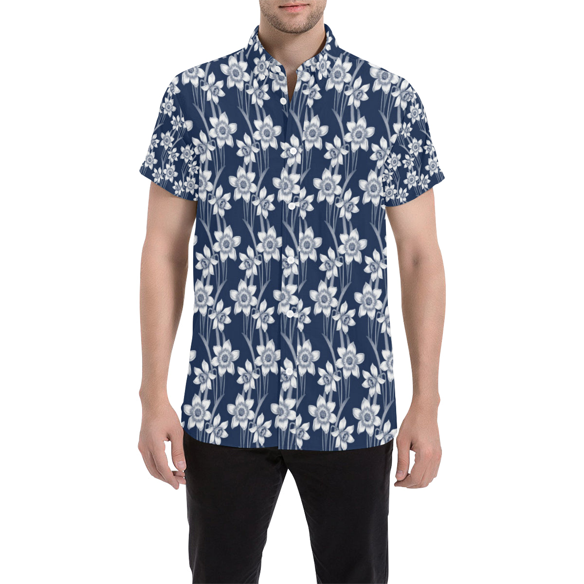 Daffodils Pattern Print Design DF09 Men's Short Sleeve Button Up Shirt