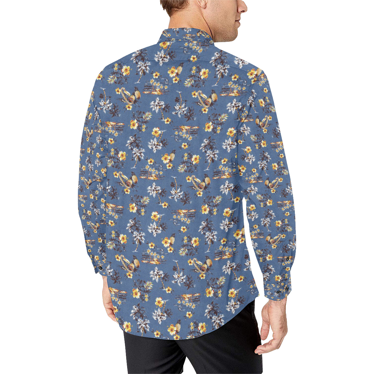 Hawaiian Flower Blue Print Men's Long Sleeve Shirt