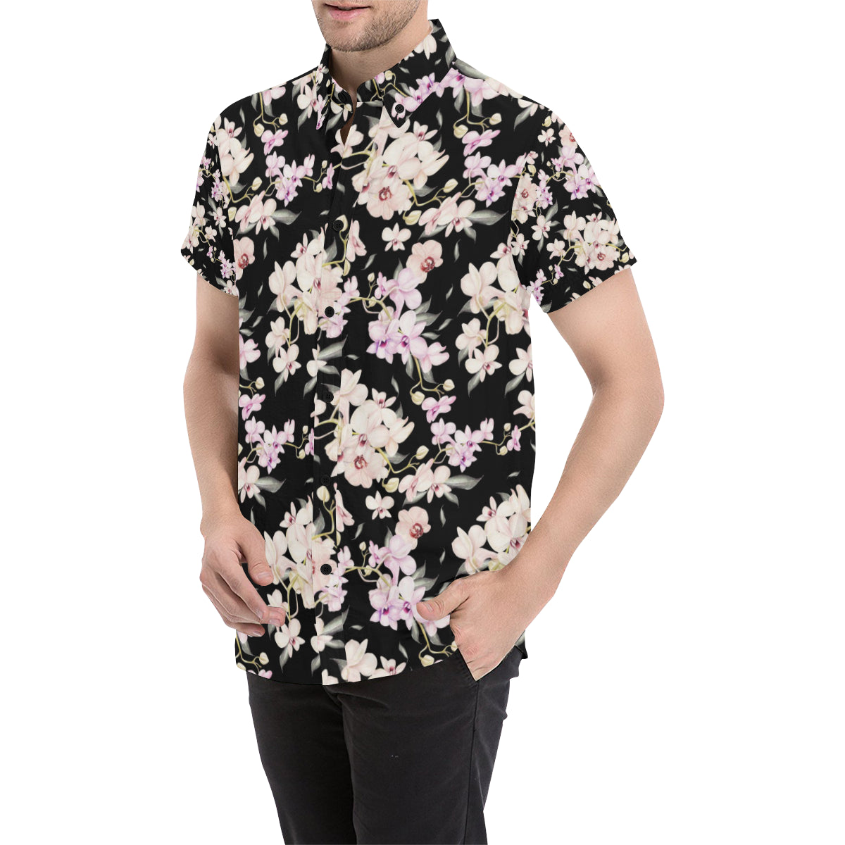 Orchid White Pattern Print Design OR03 Men's Short Sleeve Button Up Shirt