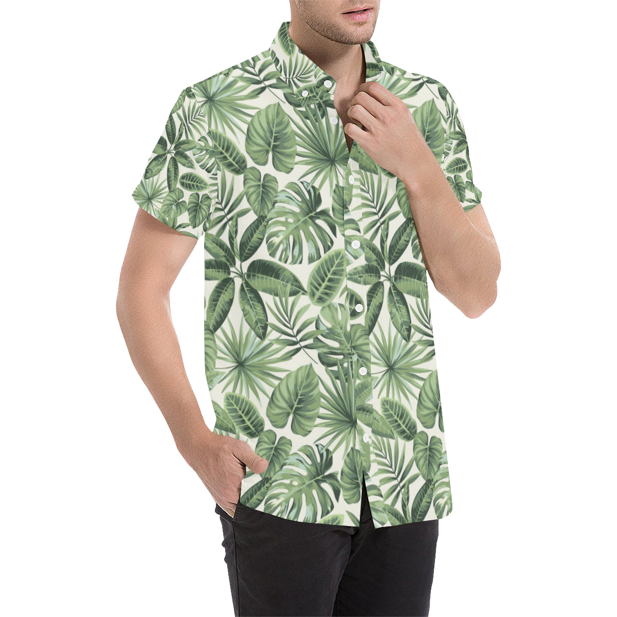 Palm Leaves Pattern Print Design PL014 Men's Short Sleeve Button Up Shirt