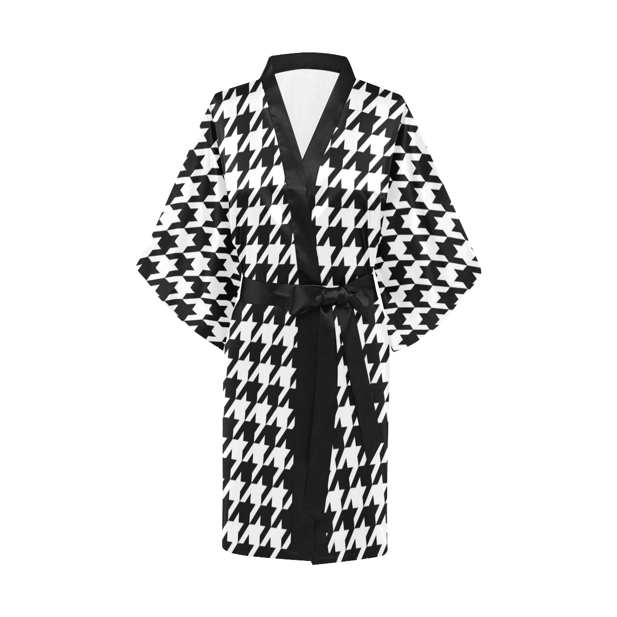 Houndstooth Black White  Pattern Print Design 05 Women's Short Kimono