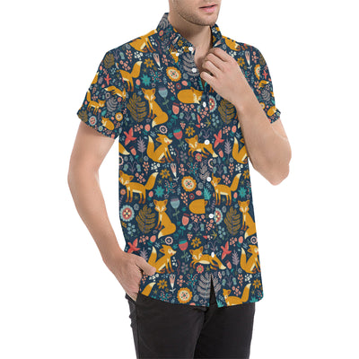 Fox Cute Jungle Print Pattern Men's Short Sleeve Button Up Shirt