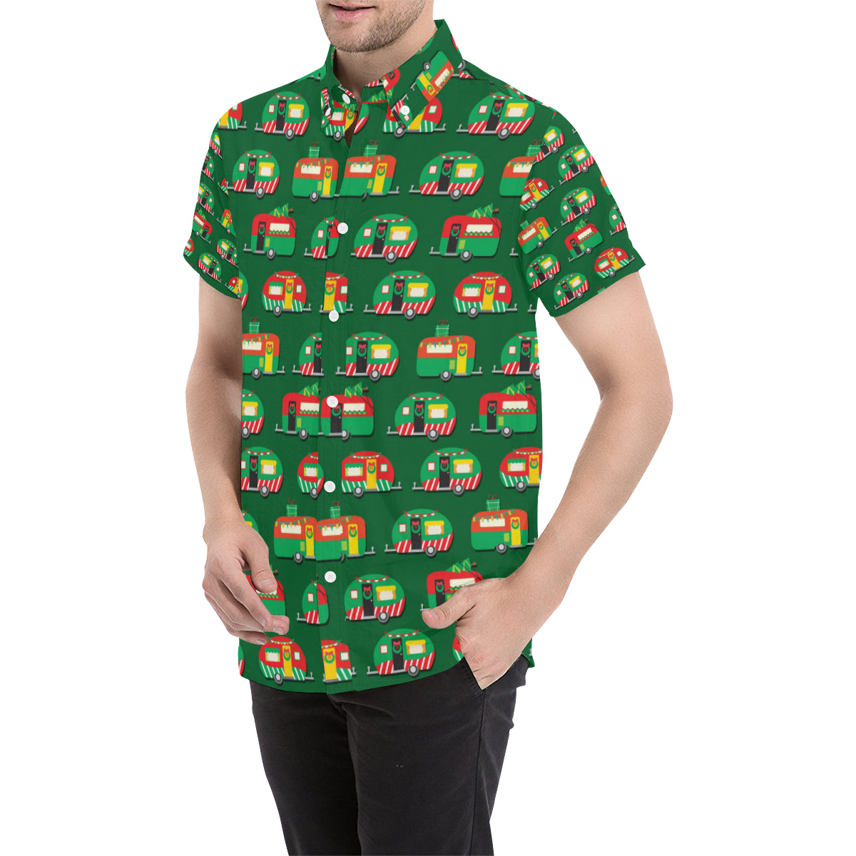 Camper Camping Christmas Themed Print Men's Short Sleeve Button Up Shirt