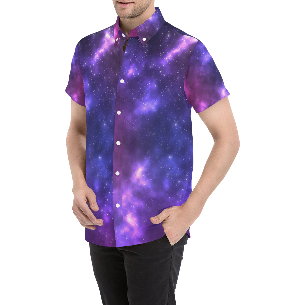 Celestial Purple Blue Galaxy Men's Short Sleeve Button Up Shirt