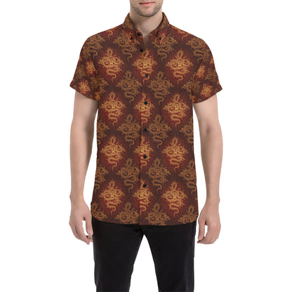 Chinese Dragons Gold Design Men's Short Sleeve Button Up Shirt